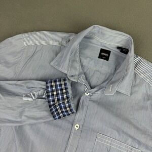 Boss Hugo Boss Slim Fit Striped Blue Long Sleeve Mens Medium‎ Flip Cuff Plaid